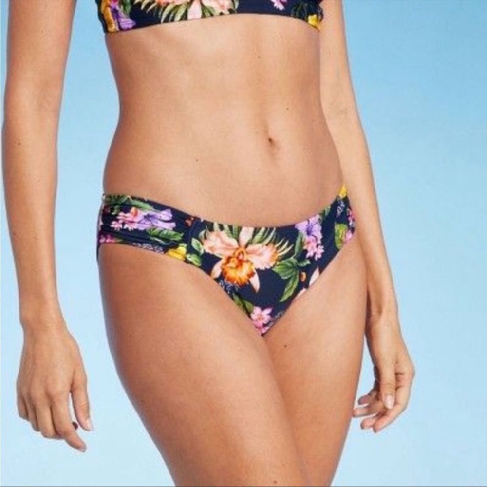 NWT Kona Sol Navy Blue Tropical Print Side Tab Hipster Bikini Bottom